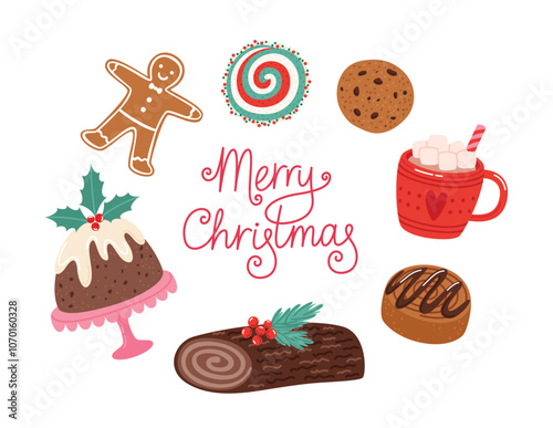 Christmas desserts set. Merry Christmas postcard template. Traditional holiday food. Vector illustrations isolated on white background