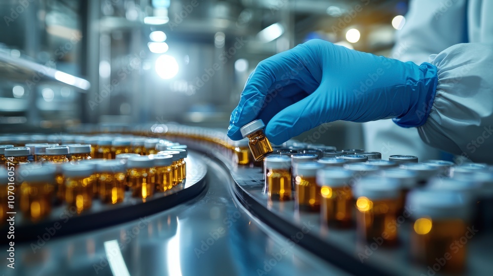 The image captures a meticulous process of selecting a medical vial from a fast-moving conveyor belt in a pharmaceutical production environment, symbolizing industry expertise. The image captures a meticulous process of selecting a medical vial from a fast-moving conveyor belt in a pharmaceutical production environment, symbolizing industry expertise.