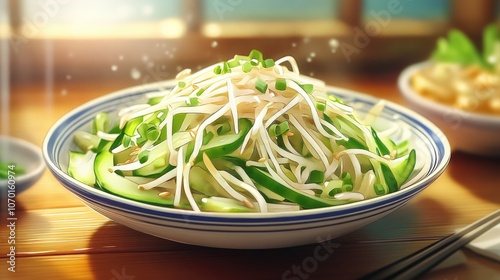 Fresh bean sprouts and crisp cucumber served as a flavorful namul side dish healthy Korean cuisine photo