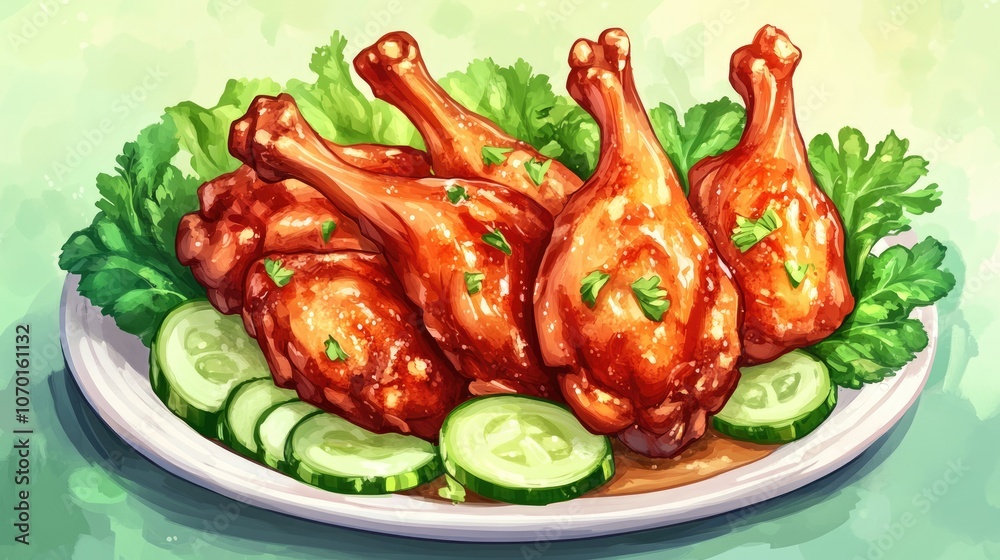 Grilled chicken wings and legs served with sliced cucumber fresh cabbage and boiled papaya leaves for a delicious food menu Grilled chicken wings and legs served with sliced cucumber fresh cabbage and boiled papaya leaves for a delicious food menu