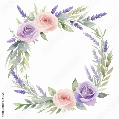 Romantic watercolor flower wreath with wildflowers and eucalyptus, light and graceful