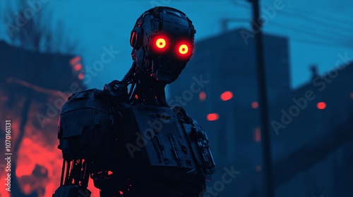 3d illustration of a cyberpunk scary creature with red luminous eyes in a night scene. Silhouette of a futuristic post apocalypse mutant in metal armor. Concept art science fiction alien character photo