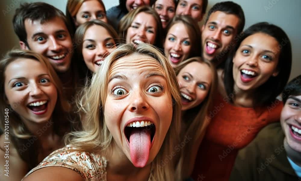 A lively group of young people posing playfully, sticking out their tongues and smiling. A lively group of young people posing playfully, sticking out their tongues and smiling.