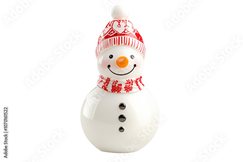 A smiling snowman figurine adorned with a red hat and scarf, isolated on white background, embodies festive cheer. photo