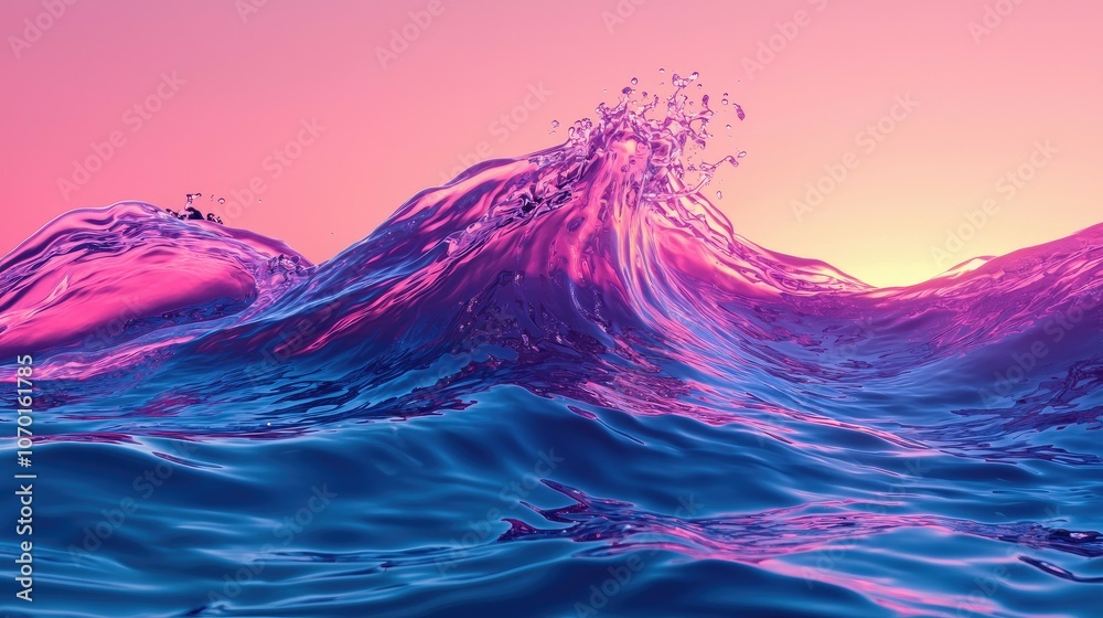 A large wave with a pink and blue gradient, crashing in the ocean under a pink sky. A large wave with a pink and blue gradient, crashing in the ocean under a pink sky.