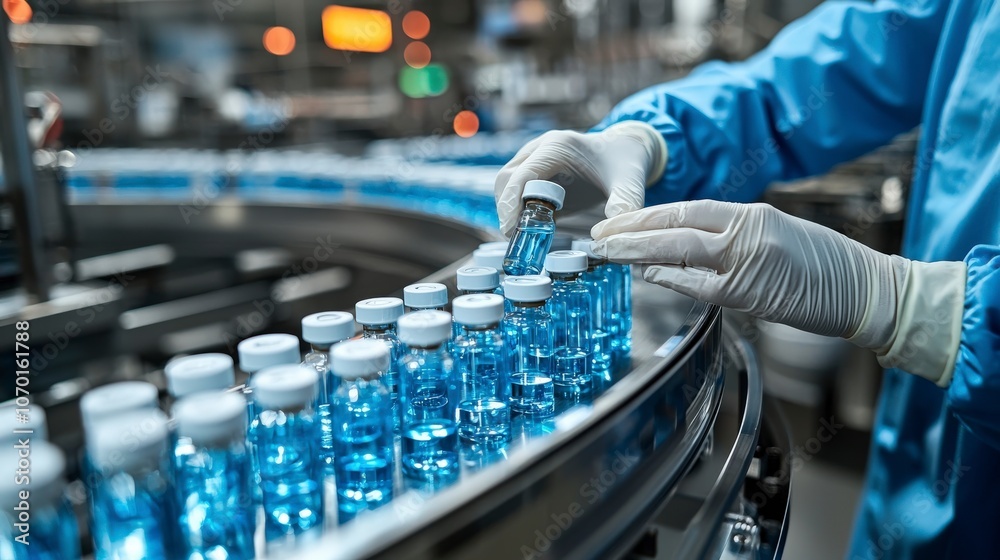 A technologically advanced laboratory features blue liquid vials traveling on a rotating conveyor belt, exemplifying precision and cutting-edge pharmaceutical manufacturing. A technologically advanced laboratory features blue liquid vials traveling on a rotating conveyor belt, exemplifying precision and cutting-edge pharmaceutical manufacturing.
