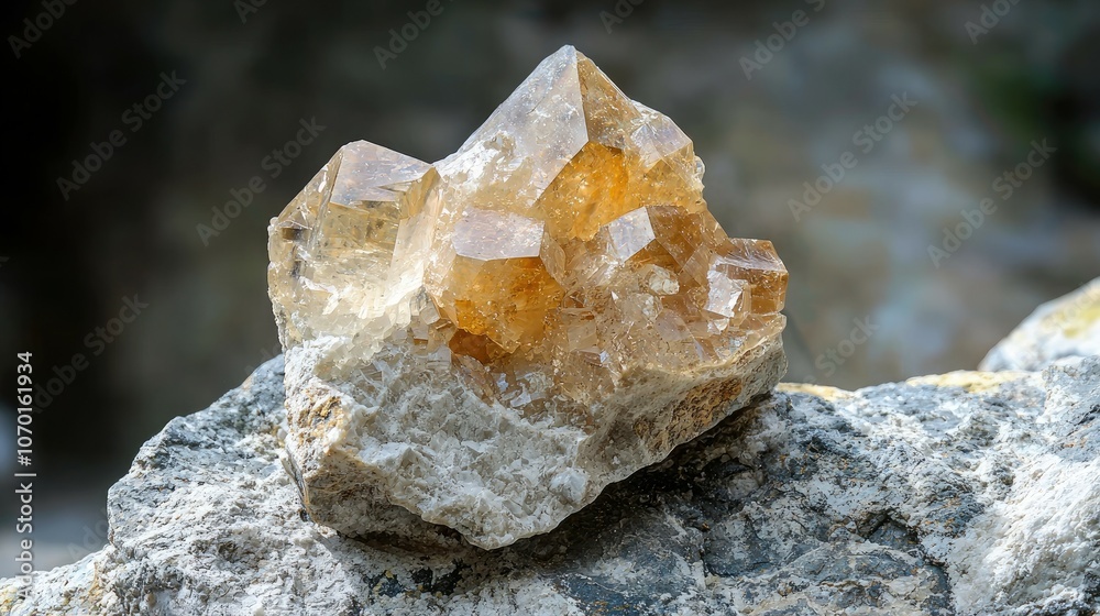 A large, clear, and golden citrine crystal rests upon a rough, gray rock. A large, clear, and golden citrine crystal rests upon a rough, gray rock.