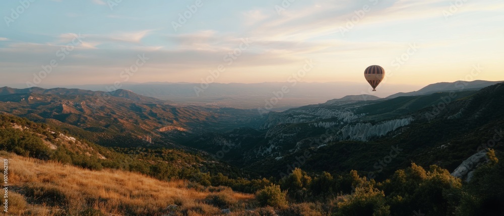 A hot air balloon floats above rolling hills at sunset, highlighting tranquil beauty and vastness. A hot air balloon floats above rolling hills at sunset, highlighting tranquil beauty and vastness.