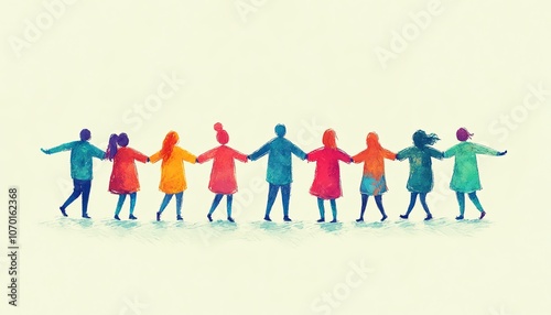 A vibrant cartoon drawing of ten people in a circle, holding onto each others shoulders, forming an unbroken human chain in a cheerful, colorful design