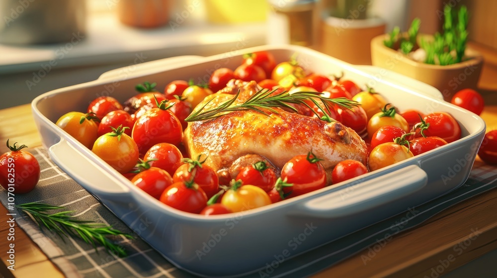 Baked chicken quarter with vibrant cherry tomatoes and fresh rosemary in a casserole dish ready to serve