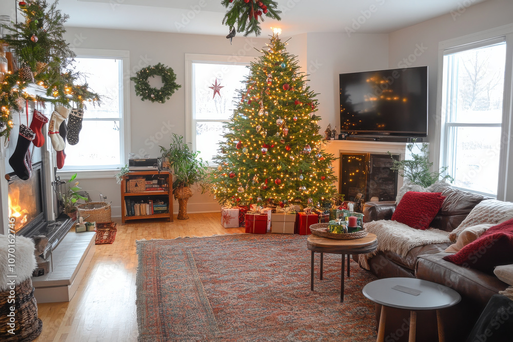 Obraz premium Cozy Christmas living room with decorated tree, fireplace, and presents