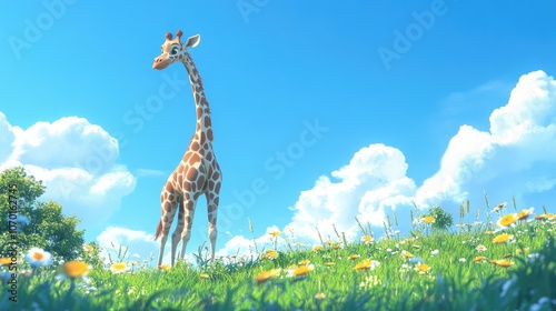 Baringo giraffe grazing on lush green grass under clear blue skies showcasing its unique patterned coat photo