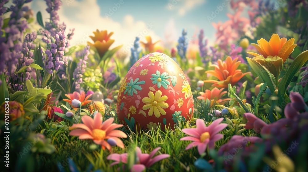 Classic Easter egg nestled among vibrant flowers in a lush garden setting symbolizing springtime celebration Classic Easter egg nestled among vibrant flowers in a lush garden setting symbolizing springtime celebration