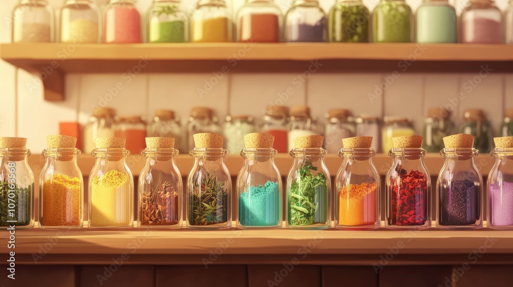 Colorful spices in small glass bottles neatly arranged on a wooden spice shelf ideal for culinary inspiration and organization