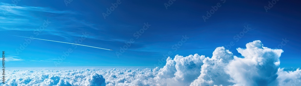 Jet streaking through the sky, leaving a white contrail against a bright blue backdrop. Jet streaking through the sky, leaving a white contrail against a bright blue backdrop.