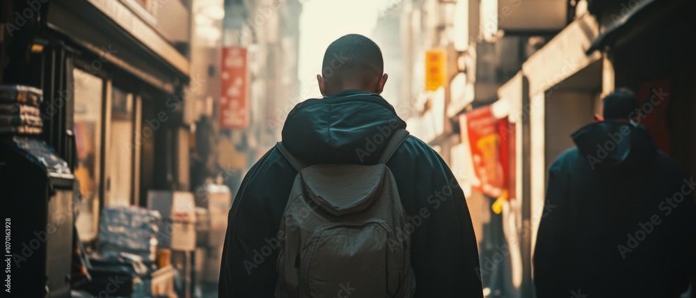 Obraz premium A person walks through a lively, bustling alley, blurred by motion, capturing the energy and vibrant blend of cultures in an urban marketplace.