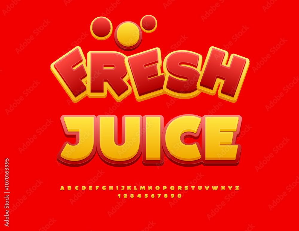 Vector bright advertisement Fresh Juice. Yellow and Red Creative Font. Modern Alphabet Letters and Numbers. Vector bright advertisement Fresh Juice. Yellow and Red Creative Font. Modern Alphabet Letters and Numbers.