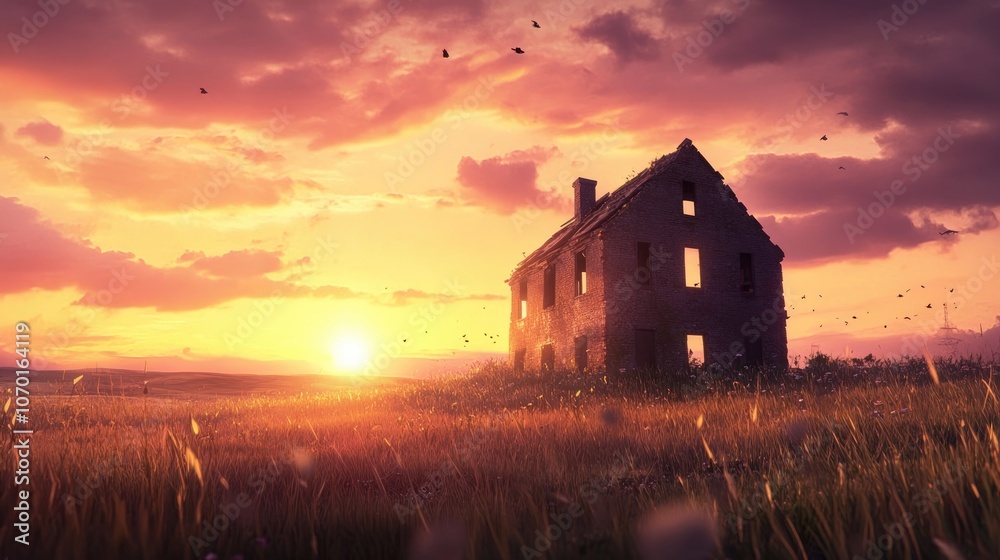 Abandoned building shells in a rural landscape at sunset surrounded by wild grass evoking themes of decay and nostalgia Abandoned building shells in a rural landscape at sunset surrounded by wild grass evoking themes of decay and nostalgia