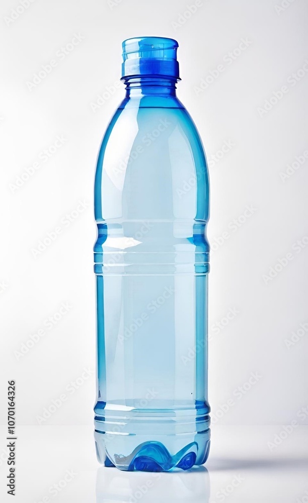 Empty, transparent plastic water bottle with a light blue tint stands against a plain white background, capturing reflections elegantly. AI generated.
Empty, transparent plastic water bottle with a light blue tint stands against a plain white background, capturing reflections elegantly. AI generated.