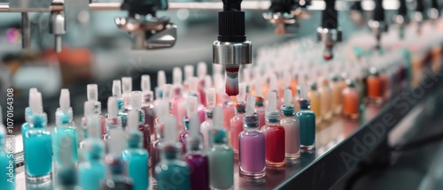 Wallpaper Mural A vibrant array of nail polish bottles in pastel colors move along an automated assembly line under precise machinery. Torontodigital.ca