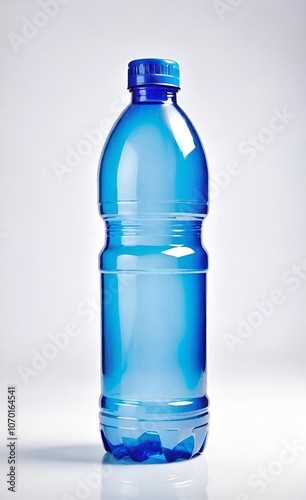 Empty, transparent plastic water bottle with a light blue tint stands against a plain white background, capturing reflections elegantly. AI generated. 