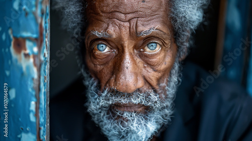 Elderly Man with Deep Blue Eyes Showing Wisdom and Experience photo