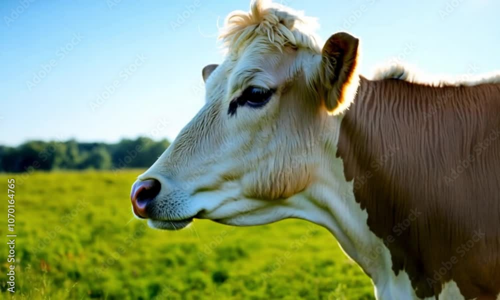 Portrait of Cow Grazing on Green Grass under Blue Sky Portrait of Cow Grazing on Green Grass under Blue Sky