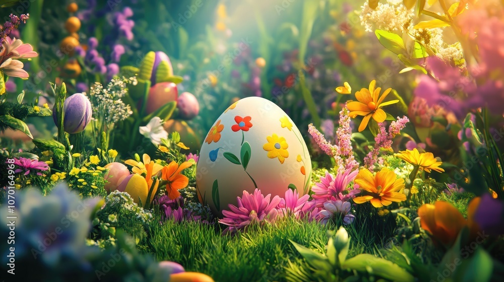 Classic Easter egg nestled among vibrant flowers in a lush garden setting symbolizing springtime celebration