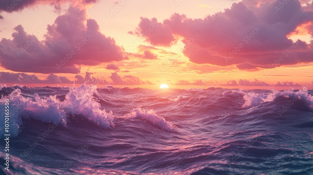 Fototapeta premium Dramatic sunset clouds over the Baltic Sea following a storm capturing waves and splashing water in an epic seascape