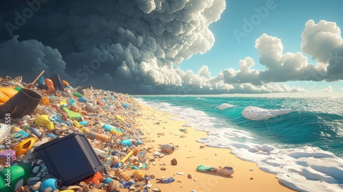 Desolate beach strewn with debris beneath dark storm clouds emphasizing environmental pollution and ecological concerns photo