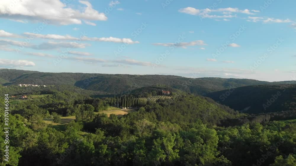 aerial view of Istria countryside, drone flying low above trees towards old church aerial view of Istria countryside, drone flying low above trees towards old church