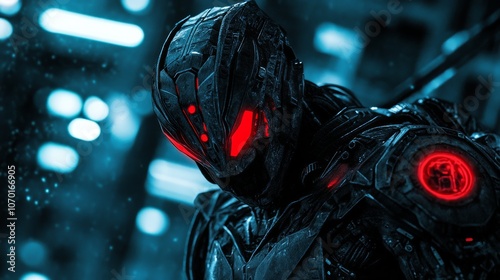 3d illustration of a cyberpunk scary creature with red luminous eyes in a night scene. Silhouette of a futuristic post apocalypse mutant in metal armor. Concept art science fiction alien character photo