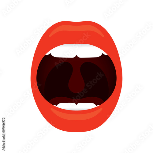 Vector female open mouth with strongly reddened lips, white teeth and visible tongue. Isolated on white background.