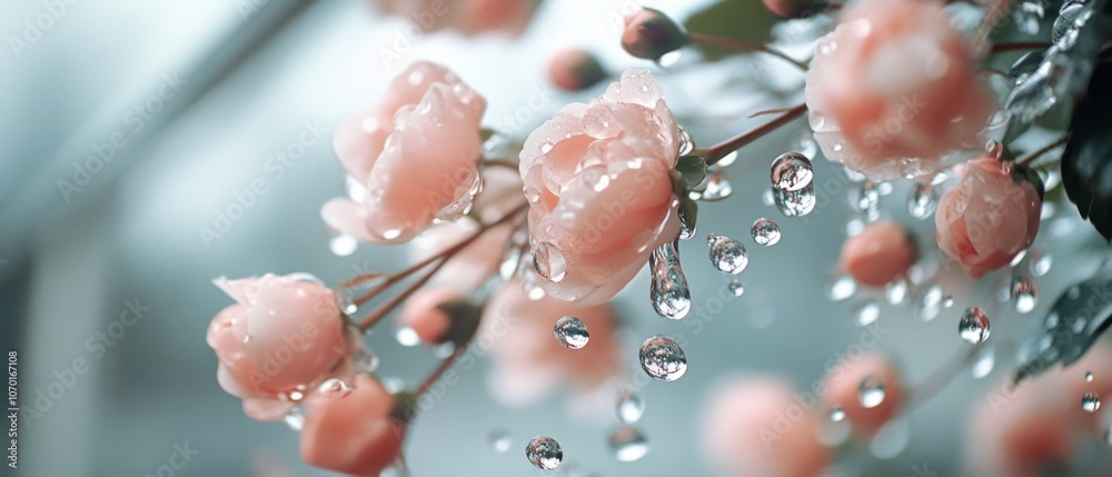Delicate pink blooms adorned with dew drops shimmer under soft light, showcasing their pristine beauty and natural charm. Delicate pink blooms adorned with dew drops shimmer under soft light, showcasing their pristine beauty and natural charm.