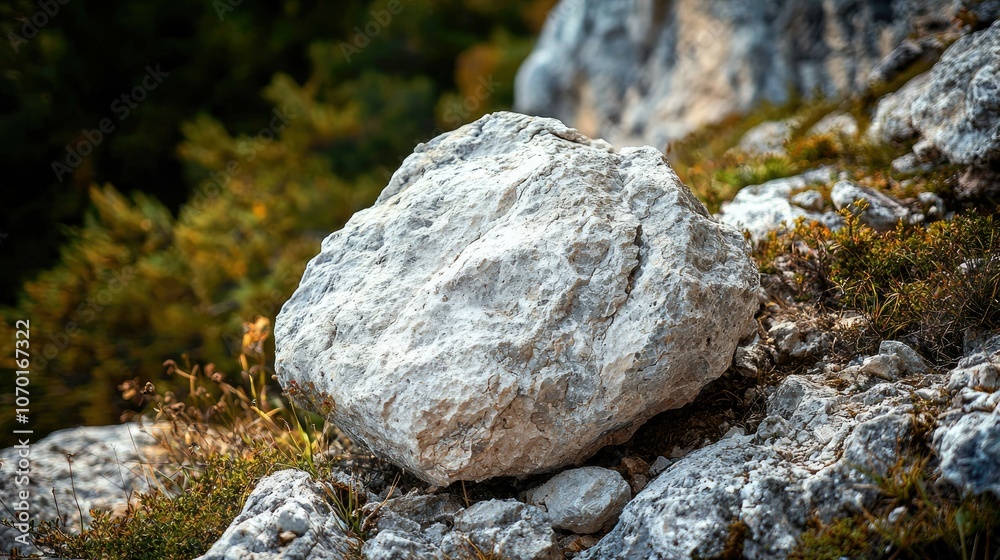 A large, white, round rock sits on a rocky hillside, with green plants in the foreground. A large, white, round rock sits on a rocky hillside, with green plants in the foreground.