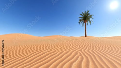 Lone Palm Tree in a Sandy Desert Landscape Under a Clear Blue Sky