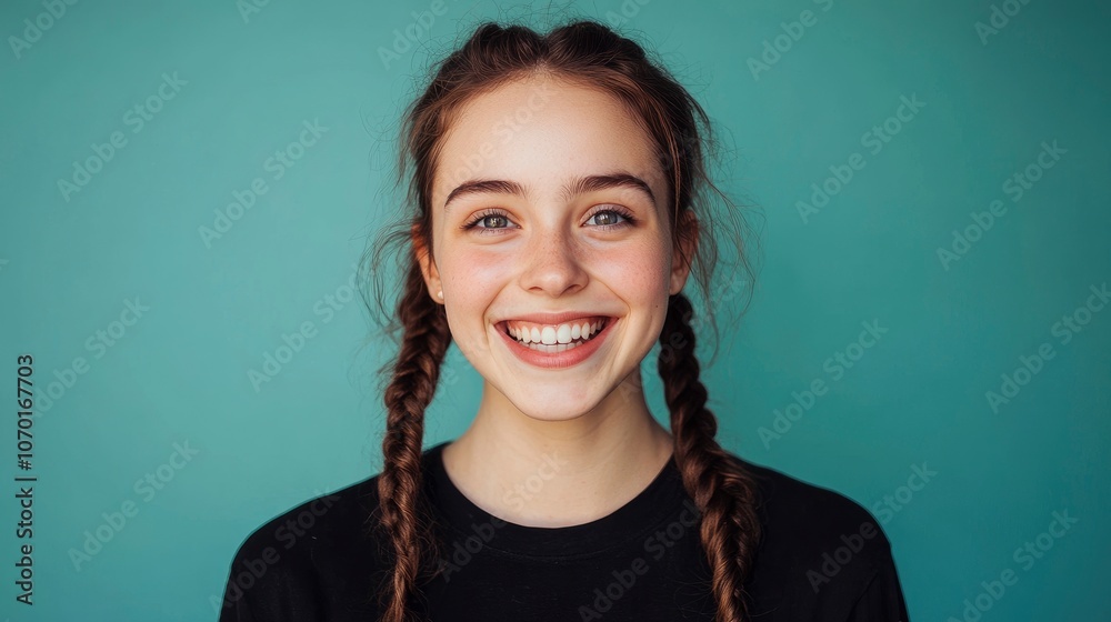 Obraz premium Young woman with braids smiling brightly against a teal background.