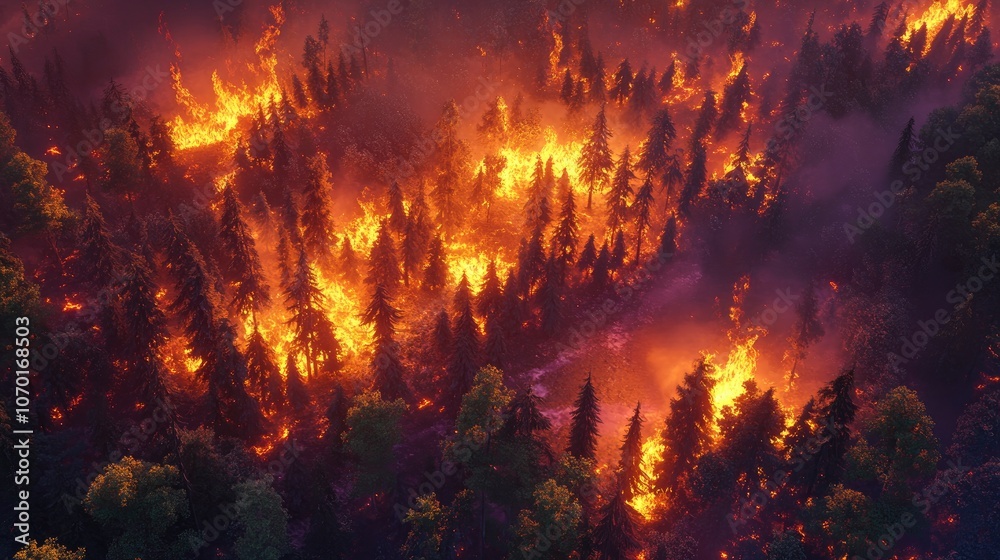 Aerial view of a wildfire raging through a dense forest showcasing environmental impact and urgency Aerial view of a wildfire raging through a dense forest showcasing environmental impact and urgency