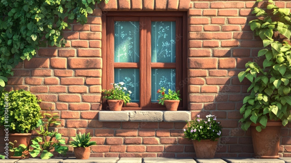Beautiful window framed by rustic brick wall adding charm to architectural design Beautiful window framed by rustic brick wall adding charm to architectural design