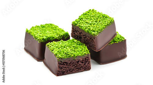  Dubai chocolate. Chocolate bar with green pistachio pasta and crunchy kadayif isolated on white background. photo