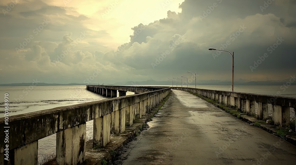 Fototapeta premium A long, concrete pier stretches out into the calm waters of a bay, with cloudy skies above.