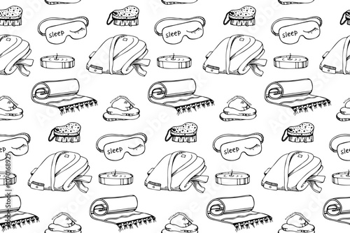 Sauna accessories sketch vector background. Hand drawn spa elements collection. Doodle sauna seamless pattern on white background.
