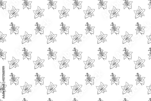 Melissa leaves and branches hand drawn seamless pattern. Sketch vector illustration on white background. Outline plants picture.