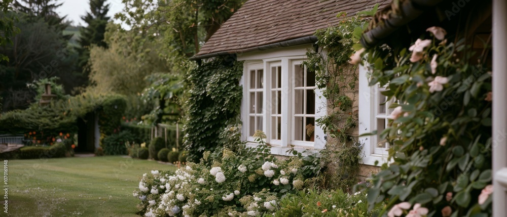 Fototapeta premium A charming countryside cottage enveloped in lush greenery and blooming flowers, evoking a sense of serene pastoral beauty and natural harmony.