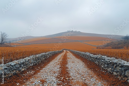 Rural pathway through autumn farmland and rolling hills under cloudy sky photo