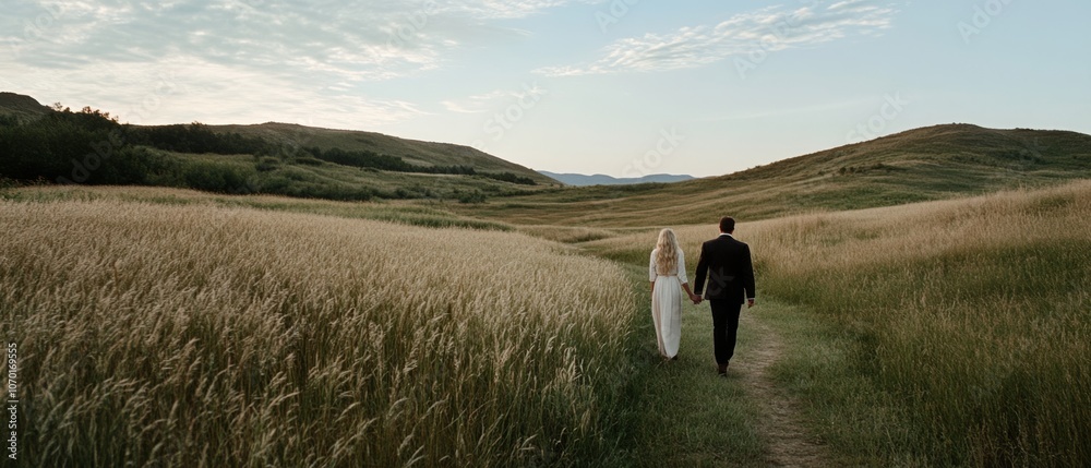 A couple walks hand in hand through a sunlit, golden field under a vast, open sky, embodying love and tranquility in a picturesque rural landscape. A couple walks hand in hand through a sunlit, golden field under a vast, open sky, embodying love and tranquility in a picturesque rural landscape.