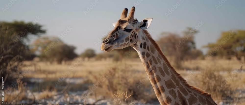 Obraz premium A lone giraffe gracefully wanders the sunlit savannah, framed by acacia trees and distant mountains.