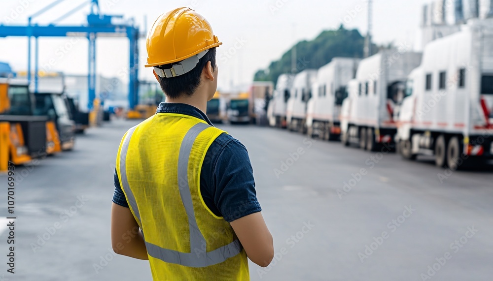 A safety-conscious worker in a reflective vest and hard hat observes a logistics yard filled with parked trucks. A safety-conscious worker in a reflective vest and hard hat observes a logistics yard filled with parked trucks.