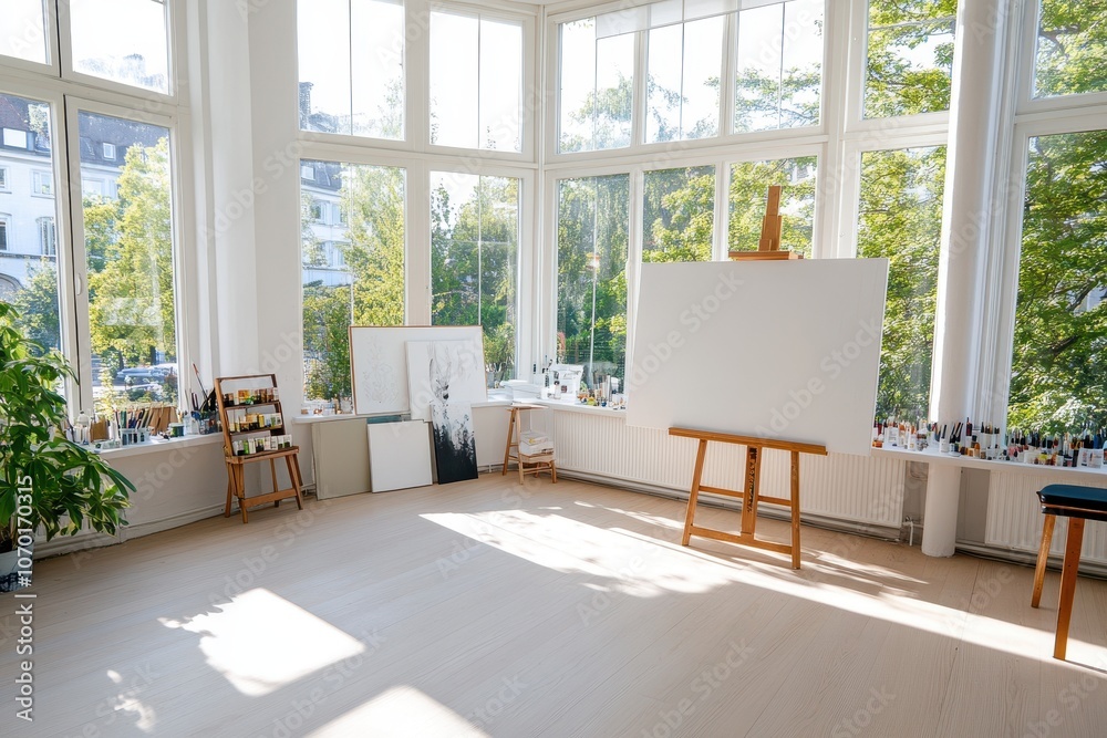 Stylish art studio featuring a canvas, vibrant colors, and creative tools for artistic inspiration. Stylish art studio featuring a canvas, vibrant colors, and creative tools for artistic inspiration.