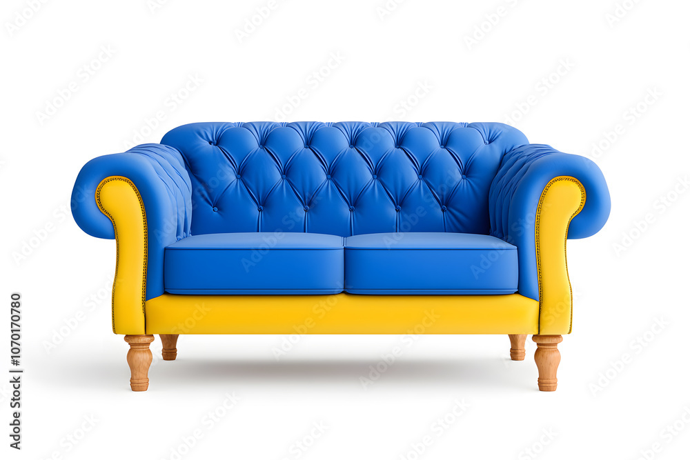 Modern velvet sofa in art deco style isolated on white transparent background
